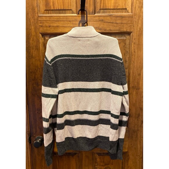 Chaps Men’s Sweater Size Large 100% Cotton Striped Heavy Knit EUC Tan & Gray - Picture 5 of 10